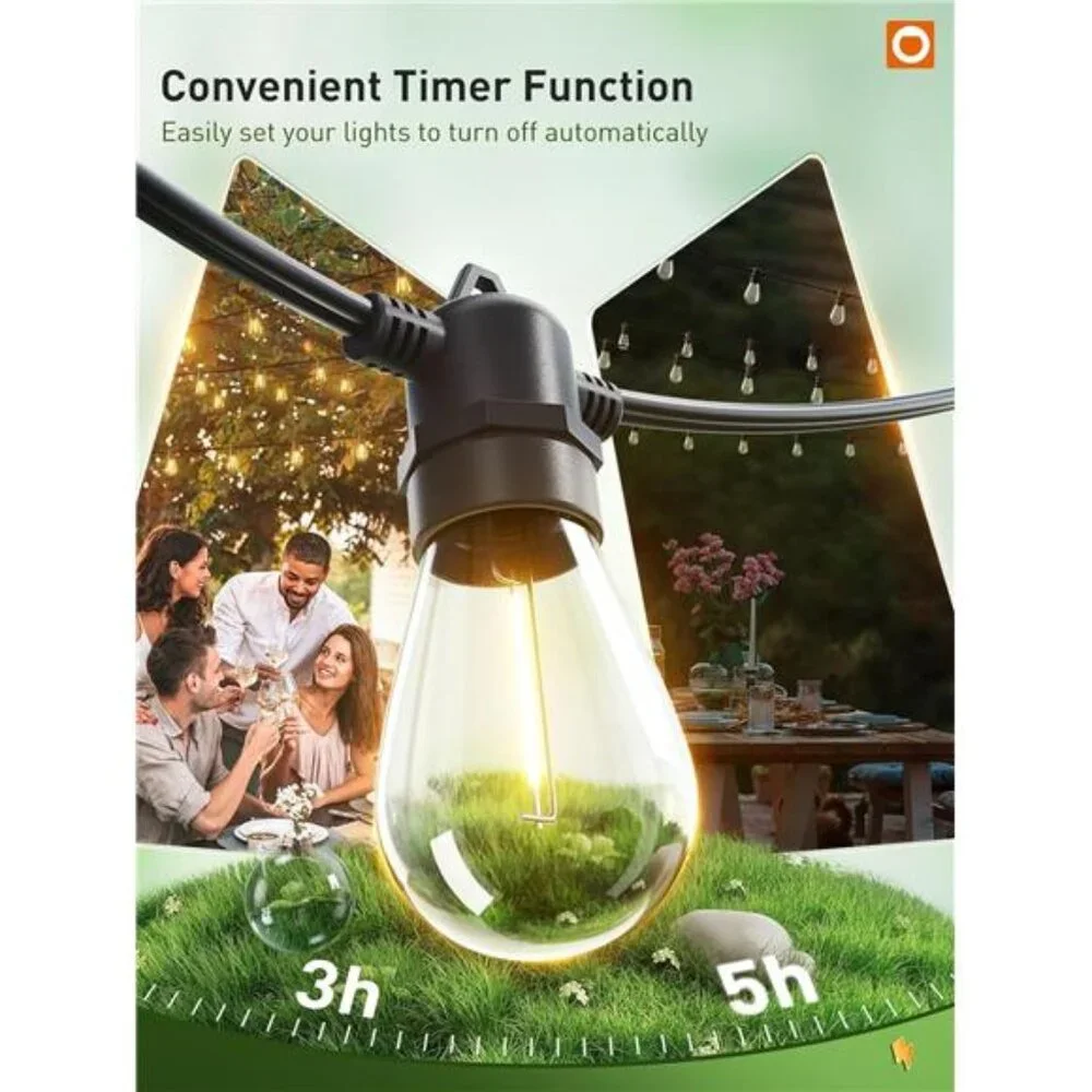 100FT LED Outdoor String Lights, Remote Dimmable Patio Lights with Timer